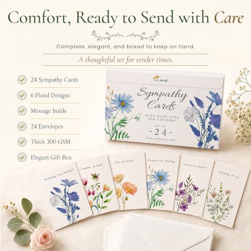 24 Box of Sympathy Cards with Envelopes - 4×6", 300 GSM - color: Floral