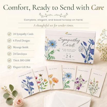 24 Box of Sympathy Cards with Envelopes - 4×6", 300 GSM - color: Floral