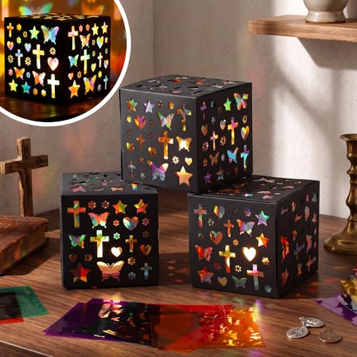 DoubleFill 24 Sets VBS Crafts Tissue Paper Lanterns Crafts Kits Religious Cross Tissue Paper Lanterns Bulk Suncatcher DIY Cross Ornaments for Church Sunday School VBS Art Classroom