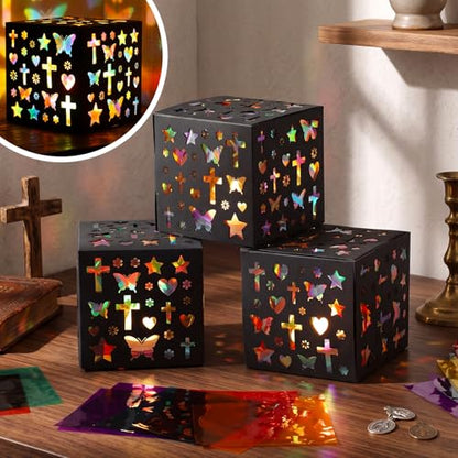 DoubleFill 24 Sets VBS Crafts Tissue Paper Lanterns Crafts Kits Religious Cross Tissue Paper Lanterns Bulk Suncatcher DIY Cross Ornaments for Church Sunday School VBS Art Classroom