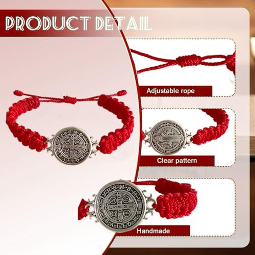 2 Pcs Red ST Benedict Bracelets Catholic Rosary Gifts Black Saint Benedict Bracelet Adjustable Blue String Medalla De San Benito Religious Gifts For Men Women - color: Red