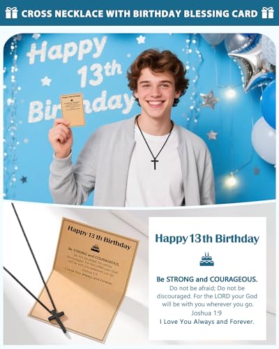 Birthday Gift Cross Necklace for Boy 8–30 Year Old with Joshua Card - style: 13th birthday