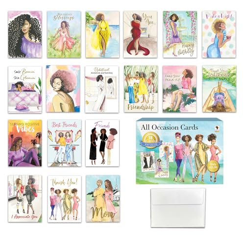 African American Birthday Cards Assortment Box – Set of 18 All Occasion Black Greeting Cards with Envelopes, Use for Mother's Day Card Present – Beautiful Black Women Designs – Premium Cardstock - style: Assortment 820