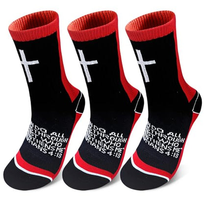 3 Pairs Cross Socks with Bible,Philippians 4: 13 Christian Socks US 6-13, Grip Sport Sock for Football, Soccer, Gym - color: Black Red
