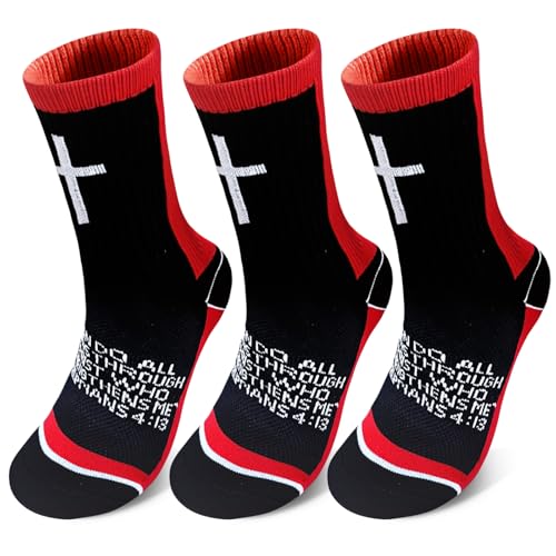 3 Pairs Cross Socks with Bible,Philippians 4: 13 Christian Socks US 6-13, Grip Sport Sock for Football, Soccer, Gym - color: Black Red