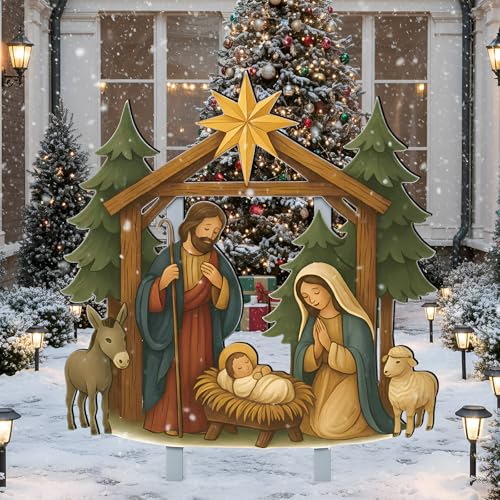 Cinnvoice Large Christmas Metal Yard Stakes Christmas Garden Stakes Waterproof Xmas Outdoor Yard Decor with Stake for Xmas Holiday Lawns Outdoor Decor(Nativity Scene) - style: Nativity Scene