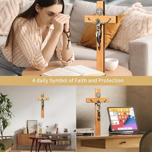 ACHIBANG Crucifix Wall Cross, 10in Wooden Catholic Jesus St Benedict Decor - size: 10"L x 5"W