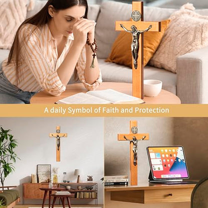 ACHIBANG Crucifix Wall Cross, 10in Wooden Catholic Jesus St Benedict Decor - size: 10"L x 5"W