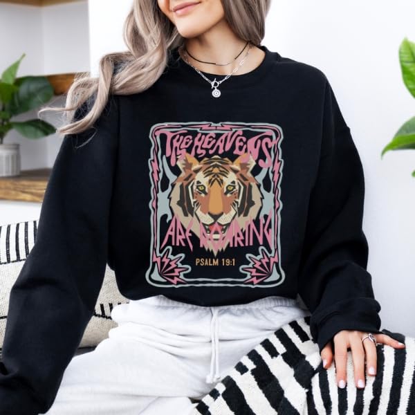 FITIN Unisex The Heavens Are Roaring Psalm 19:1 Sweatshirt – Christian Tiger Graphic Faith Crewneck - color: Black, size: Medium
