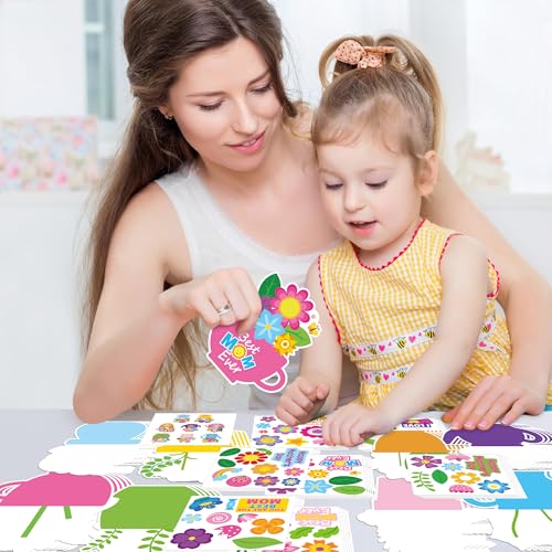 ANGOLIO Mother's Day Craft Kit - 123Pcs Mother's Day Flowers DIY Paper Craft Kit Make Your Own Flower Pot Hanging Ornaments with Floral Stickers Thankful Gift for Mom Ladies Classroom DIY Art Activity - style: Mother's Day