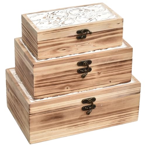 Wooden Keepsake Box Set of 3 - Decorative Storage Boxes with Hinged Lid - color: White&Brown, size: S&M&L