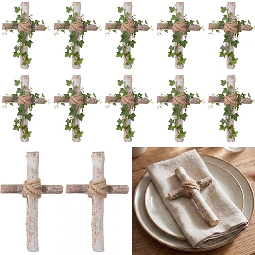 Yerliker 12 Set White Birch Wooden Rustic Cross Centerpieces Bulk 6" x 4" Rustic Cross Table Decor with Jute Rope for Plate, Christian Baptism Wedding Church Home Decorations