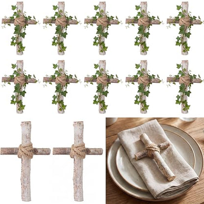 Yerliker 12 Set White Birch Wooden Rustic Cross Centerpieces Bulk 6" x 4" Rustic Cross Table Decor with Jute Rope for Plate, Christian Baptism Wedding Church Home Decorations