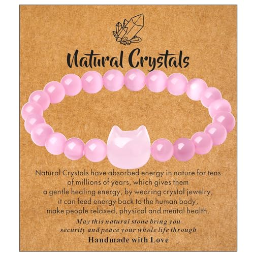 XIANNVXI Crystal Bracelet for Women Men 8 mm Natural Stone Beaded Bracelets Cat Bracelets Cross Bracelets Heart Bracelelt Jewelry for Women Birthday Gifts Stretch Bracelet - color: Pink-Rose Quartz