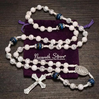 Nazareth Store 8mm White Jade & 10mm Natural Stone Beads Rosary Necklace St. Miraculous Medal & Cross Crucifix Catholic Prayer Beads Religious Jewelry - color: Lapis lazuli