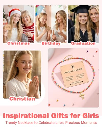PINKDODO Colorful Bead Cross Necklace for Girls Christian Gifts with Crad