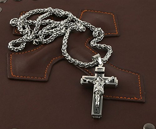 HZMAN Catholic Jesus Christ INRI Cross Crucifix Pendant Necklace for Men - color: Silver
