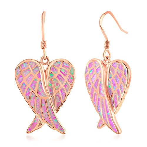 Sterling Silver/Rose Tone/Created Blue/White or Pink Opal/Oxidized Heart Angel Wings Earrings - color: Rose Tone