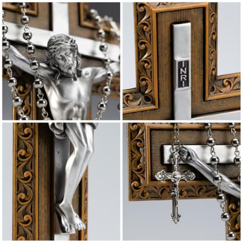 BC Catholic 12"H Crucifix Jesus Wall Cross with Stainless Steel Rosary - size: 12"L x 7.1"W