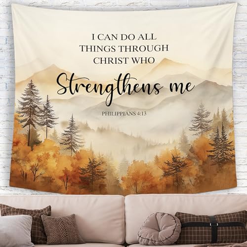MNASAIOO Christian Fall Mountian Wall Tapestry Hanging for Bedroom, Bible Verse I Can Do All Things Tapestries,Watercolor Autumn Orange Landscape Wall Decor for Living Prayer Room Thanksgiving 50x60in - color: strengthens orange