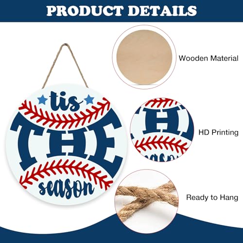 Baseball Sport Front Door Sign, Tis The Season Wood Hanger Outdoor - color: Baseball