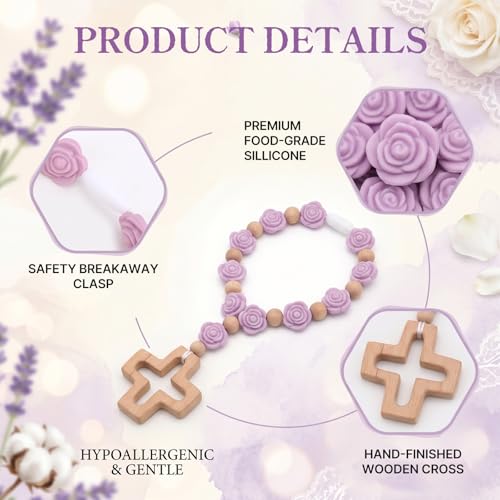 Cross Baptism Silicone Rosary, First Communion Rosary Collection for Christian Gifts, Soft Silicone Baptism Shower Party Decorations, Purple