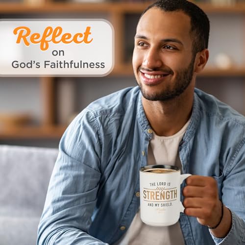 Christian Art Gifts Large Ceramic Scripture Coffee Mug for Men, 14 oz. - color: White/Strength & Shield