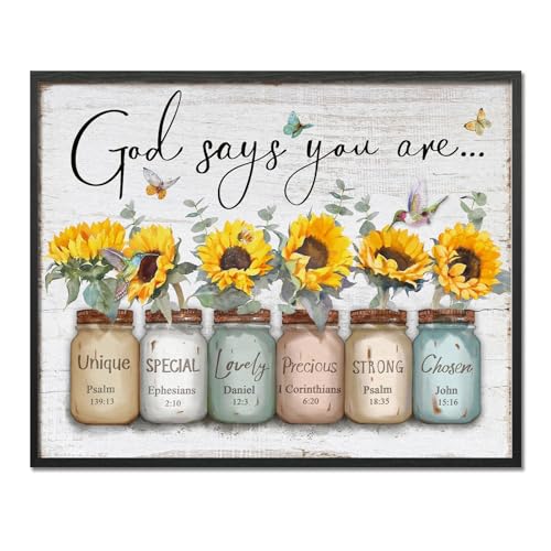 Inspirational Bible Verse Wall Art: God Says You Are Wall Sayings Sunflower in Mason Jar Picture Print Christian Gift Quotes Poster for Women Girl Bedroom Decor 24" x 30" - color: Sunflower, size: 24"L x 30"W