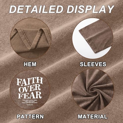 Christian Faith Over Fear Shirt for Men Jesus Religious Shirts Oversized Graphic Tees Acid Wash God T-Shirt - color: Coffee, size: Medium