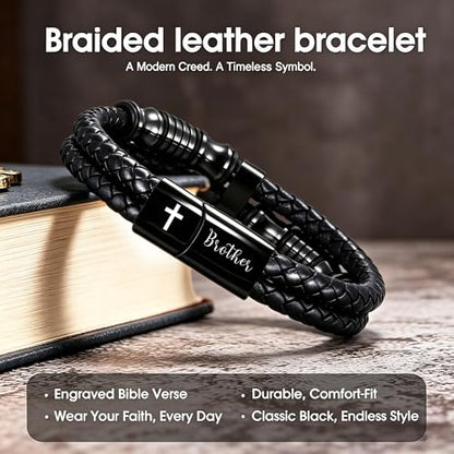 Christian Gifts for Mens Jewelry Black Double Layer Leather Cross Bible Verse Bracelets for Men, Teen Boys Religious Baptism Confirmation Gifts for Son Grandson Brother Teenages Gift Ideas - color: Brother(8.27 Inch)
