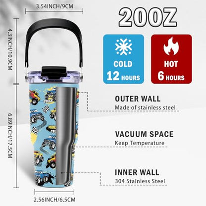 Monster Truck Tumbler with Top Handle and Flip Straw Lid 20oz Stainless Steel Insulated Travel Cups for Boys - Christmas Birthday Ideas for Monster Truck Kids Coffee Mugs - color: Truck01