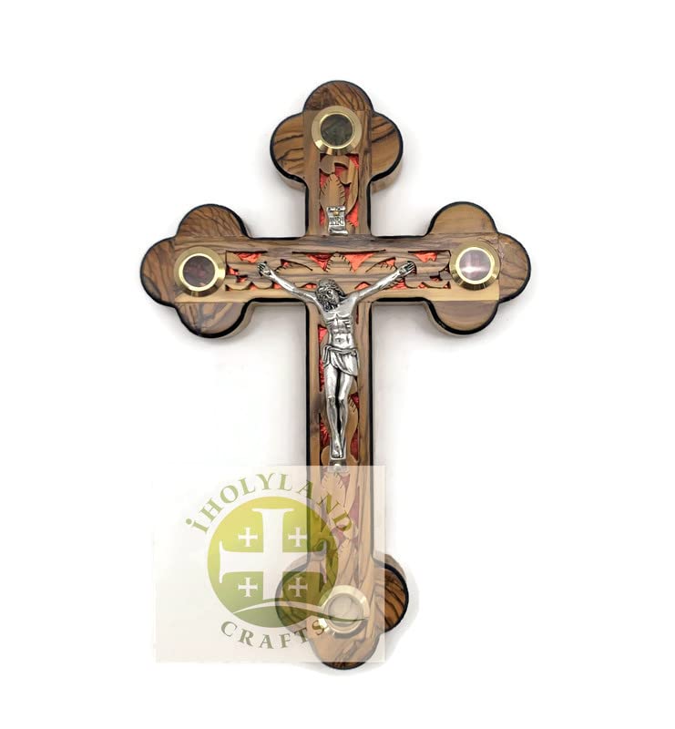 Catholic Crucifix for Wall With Mother of Pearl, Olive Wood Cross Wall Decor, 9 Inch Wooden Crucifix with Relics from the Holy Land, Wedding Crucifix, Decorative Wooden Crosses, christian cross gift