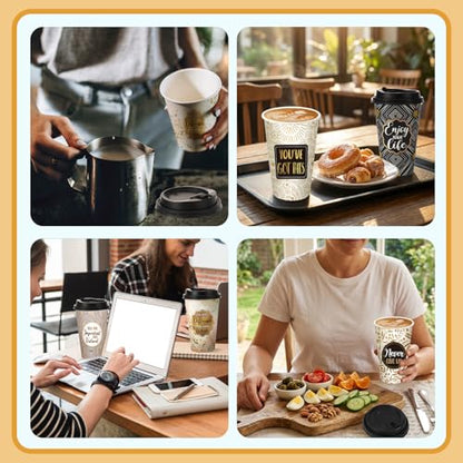 50 Pack 16 oz Disposable Coffee Cups with Lids Black Gold - style: Black and Gold Inspirational Quotes