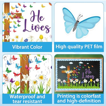 Easter Spring Bulletin Board Decoration Set He Lives Floral Cross Bulletin Board Borders Easter Butterfly Paper Cutouts Easter Christian Jesus Bulletin Boarder for Easter Spring School Classroom Decor