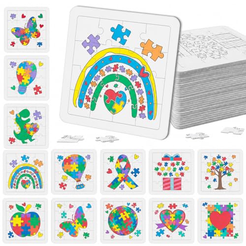 Cinrobiye 24 Pack DIY Coloring Puzzle Craft Kit, Color Your Own Blank Puzzle Set, Puzzle Art Activity for Classroom Crafts, Group Projects, Party Favors, Therapy Activities and School Supplies - color: Autism