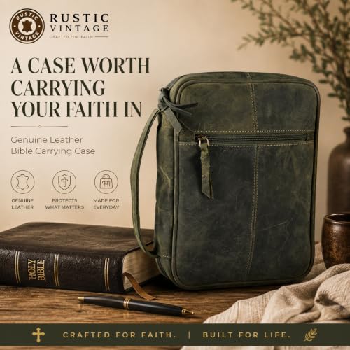 11 x 8 inch Genuine Leather Bible Cover for Men & Bible Case Women Organizer with Handle & Pocket Pen Holder Christian Religious Gift Cross Bookmark Bible Carrying Bag for Church Green - color: Green