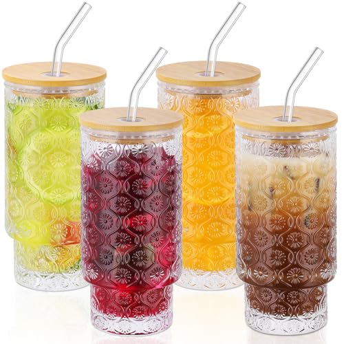 16 Oz Glass Cups Set of 4, Vintage Embossed Floral Glass Tumbler, Iced Coffee Cups with Lid, for Whiskey Cocktail Beer (4 PACK) - color: Floral--16 Oz--4 Pack