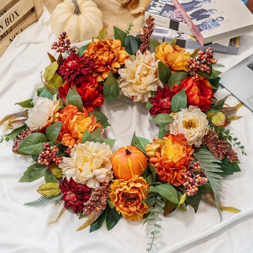 24 InchFall Wreaths for Front Door Autumn Wreath with Peony, Pumpkins - color: Orange1