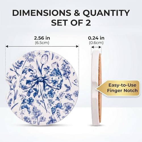 Car Coasters for Cup Holders - 2 Pack Vintage Blue Flower Cup Holder Coasters for Car with Finger Notch, 2.56 Inch Bow Cars Ceramic Interior Accessories with Cork Base for Women Men - color: Vintage Flower