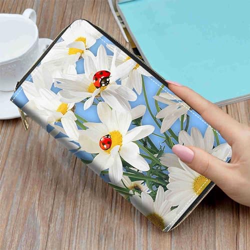 Daisy Flowers and Ladybug Print Wallet for Women Large Capacity Wallet Credit Card Holder PU Leather Zipper Clutch Purse Phone Wallet - color: Daisy Flowers and Ladybug