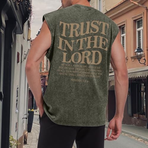 Mens Christian Tank Tops Trust in The Lord God Jesus Religious Faith Bible Verse Shirts Graphic Acid Wash Gym Tees - color: Army Green, size: X-Large