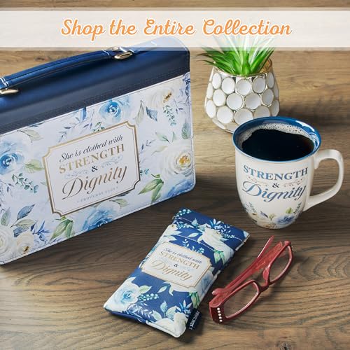Christian Art Gifts Large Ceramic Inspirational Scripture Coffee & Tea Mug for Women: Strength & Dignity Encouraging Golden Bible Verse, Non-toxic Lead/Cadmium-free Cup, White & Blue Floral, 14 oz. - color: Blue/Strength & Dignity