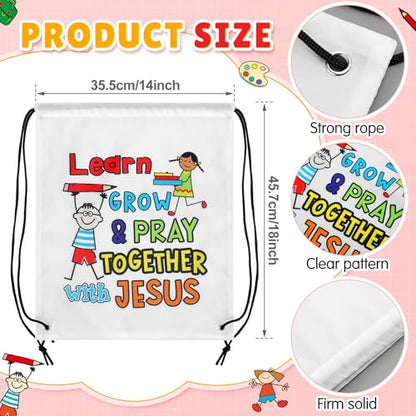 Kacctyen 24 Pcs Religious Drawstring Backpack Christian Learn Grow Pray Together with Jesus Drawstring Bags Verse Bible Easter Gift Bags for Vbs Sunday School Church Graduation Christmas Party Favors