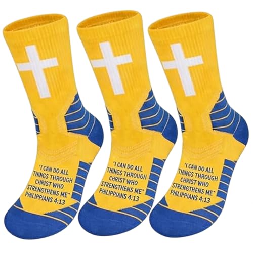 3 Pair Christian Cross Grip Soccer Socks - Moisture-Wicking Anti-Slip Grips Sports Sock with Bible for US 6-13 - color: Yellow