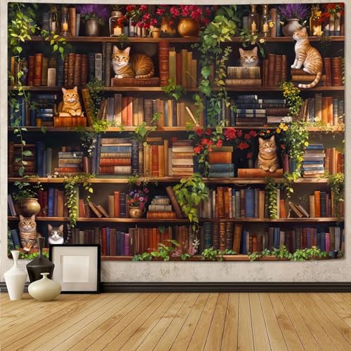 Accnicc Plant Cat Bookshelf Tapestry Botanical Floral Flower Cats Book Tapestries Wall Hanging Vintage Library Large Tapestry for Bedroom Living Room Dorm 80 x 60 inch - color: Green Brown, size: 80"L x 60"W