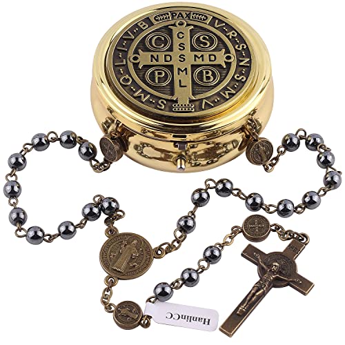 HanlinCC Catholic Rosary St.Benedict Hematite Necklace with Gold Plated Box