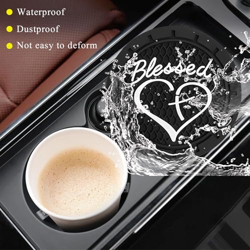 KVAEY 2 PCS Car Cup Holder Coasters, 2.76 Inch Anti Slip Vehicle Drink Mats with Cute Blessed Cross and Heart, Shockproof, Universal Car Accessories (Black, 2 PCS) - color: Black, size: 2 PCS