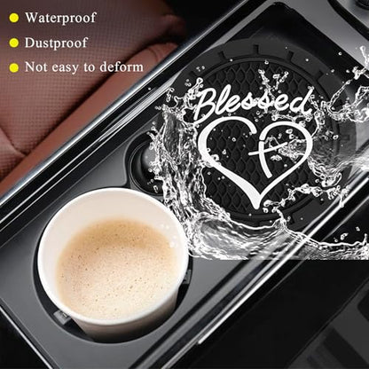 KVAEY 2 PCS Car Cup Holder Coasters, 2.76 Inch Anti Slip Vehicle Drink Mats with Cute Blessed Cross and Heart, Shockproof, Universal Car Accessories (Black, 2 PCS) - color: Black, size: 2 PCS