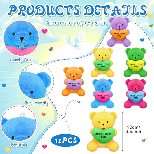 VioraWhite 12 Pcs Jesus Love You Stuffed Animal Bear Bulk for Kids 4'' Mini Religious Christian Plush Bear with Heart Small Stuffed Animal Toy Gift for Easter Party Vbs Event Favors - color: Colorful, size: Jesus Loves You