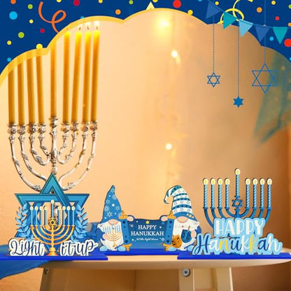 Shellwei 6 Pcs Hanukkah Table Decorations Hanukkah Wooden Table Sign Happy Hanukkah Table Centerpiece Gnome Menorah Hexagram Wooden Signs for Chanukah Home Table Tier Tray Party Decor - style: Hanukkah Style